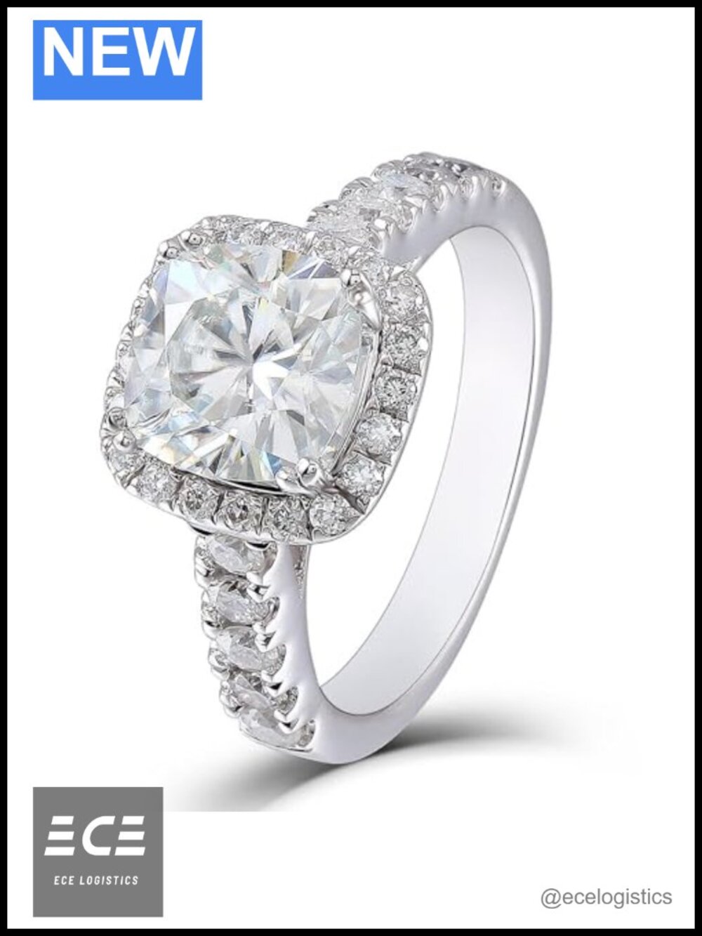 2CT Cushion Cut Moissanite Halo Engagement Ring in 18K White Gold Plated 925